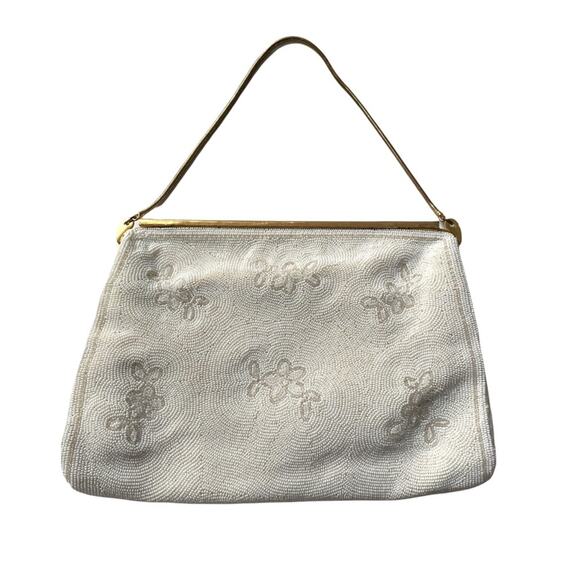 Vintage 1950s Handmade Beaded Bag White Floral Gold Hardware Bridal Wedding EUC - Picture 13 of 16
